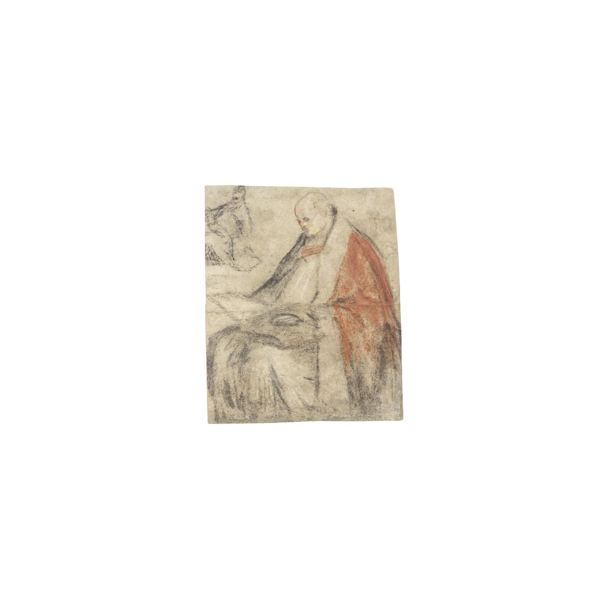 Jacopo da Ponte - A Seated Bishop Reading From A Book On His Lap, And A Small Study Of The Same Figure, Wearing A Cap