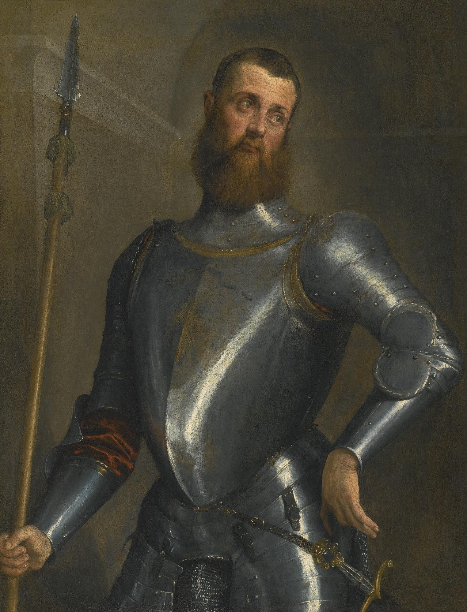 Jacopo Da Ponte - Portrait Of A Gentleman, Half Length, In Full Armor, Holding A Partesan, A Broad Sword At His Hip