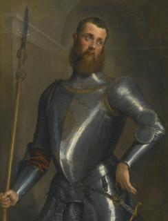 Jacopo Da Ponte - Portrait Of A Gentleman, Half Length, In Full Armor, Holding A Partesan, A Broad Sword At His Hip
