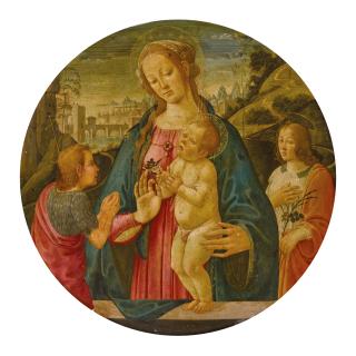 Jacopo Del Sellaio - Madonna And Child With An Adoring St. John The Baptist, Attended By A Male Saint, Before A Landscape, A Tondo