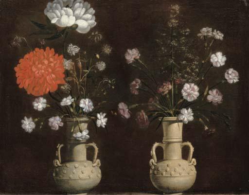 Jacopo Ligozzi - Two Grey Terracotta Vases With Flowers