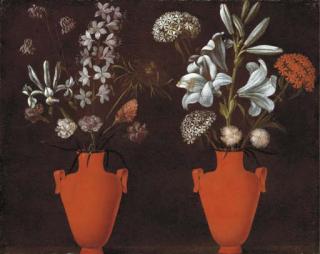 Jacopo Ligozzi - Two Red Vases With Lilies, Carnations, An Iris, Verbena And Other Flowers