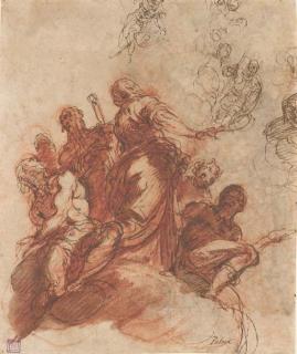 Jacopo Negrett - Un groupe de personnages sur un nuage, avec des études de figures (recto); Une scène de massacre dans un camp (verso)