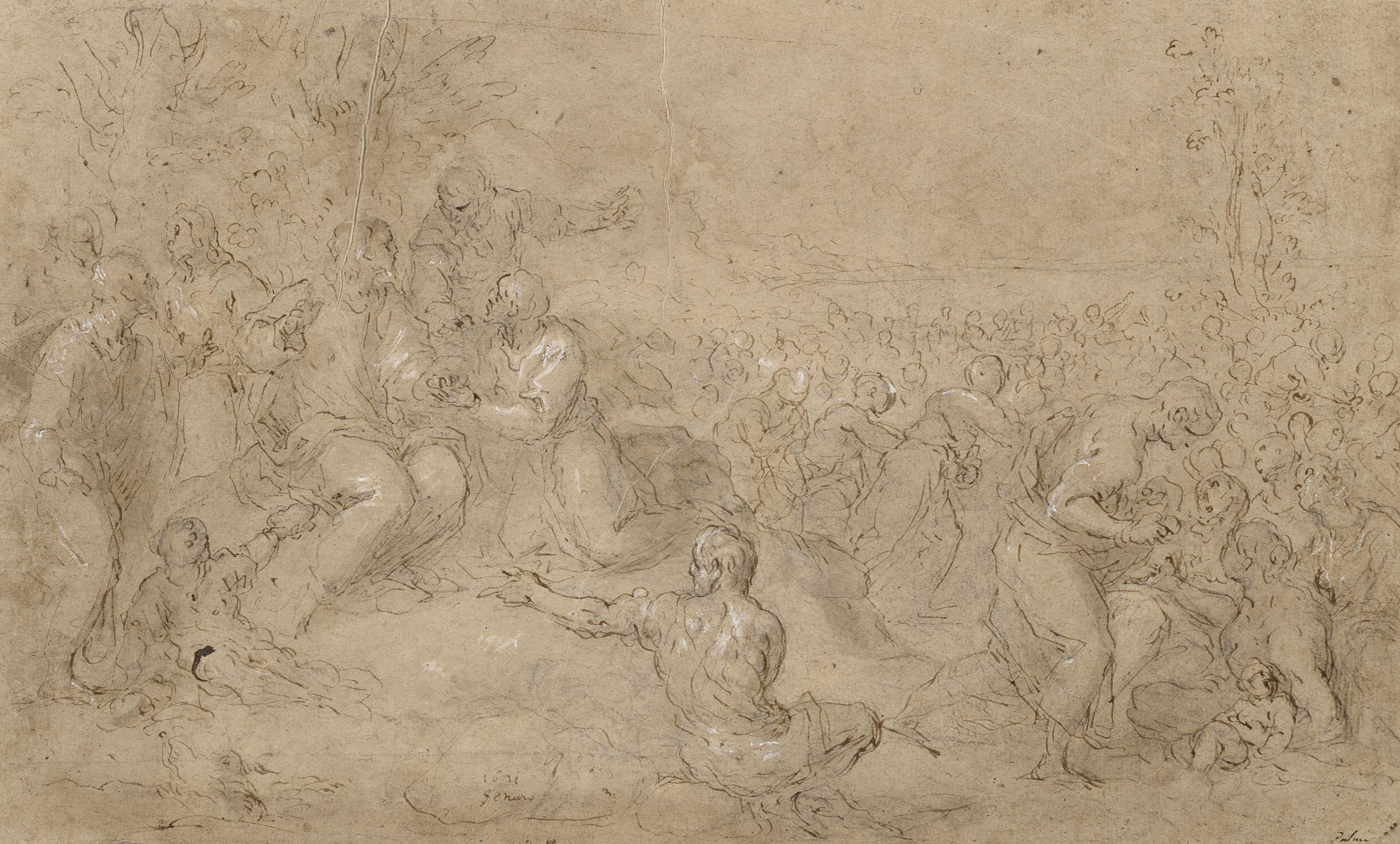 Jacopo Negretti, Dit Palma Il Giovane - La multiplication des pains (recto); Homme assis vu de dos tenant un bâton (verso)