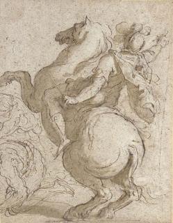 Jacopo Negretti - A cavalier on a rearing horse, crouching figures to the left