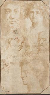 Jacopo Negretti - Seven heads with a self portrait and a portrait of Adriana Negretti (recto); Two heads (verso)