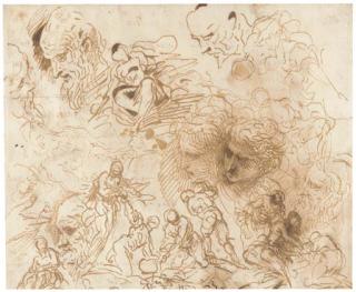 Jacopo Negretti - Studies for a scene of martyrdom with Christ in Glory above, and seven studies of heads