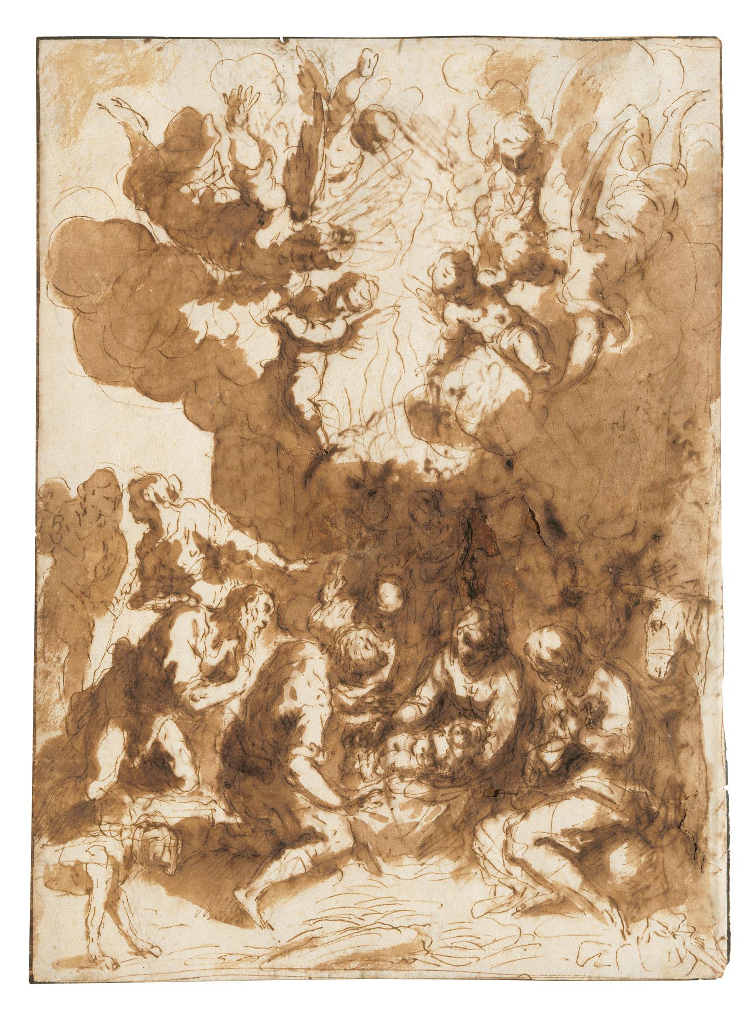 Jacopo Negretti - The Adoration of the Shepherds (recto); Studies of Saint Sebastian, an old man reading a book and other figures (verso)