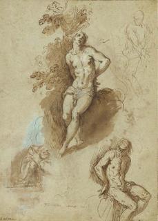 Jacopo Negretti - Three Studies of Saint Sebastian Tied To A Tree, With A Study of A Half-Length Figure