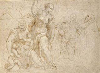 Jacopo Negretti - Un moine et un homme agenouillé devant une femme debout et une Allégorie de la Charité