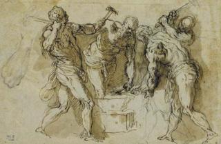 Jacopo Negretti - Vulcan\'s forge, with a subsidiary study of the forearm of the left hand figure