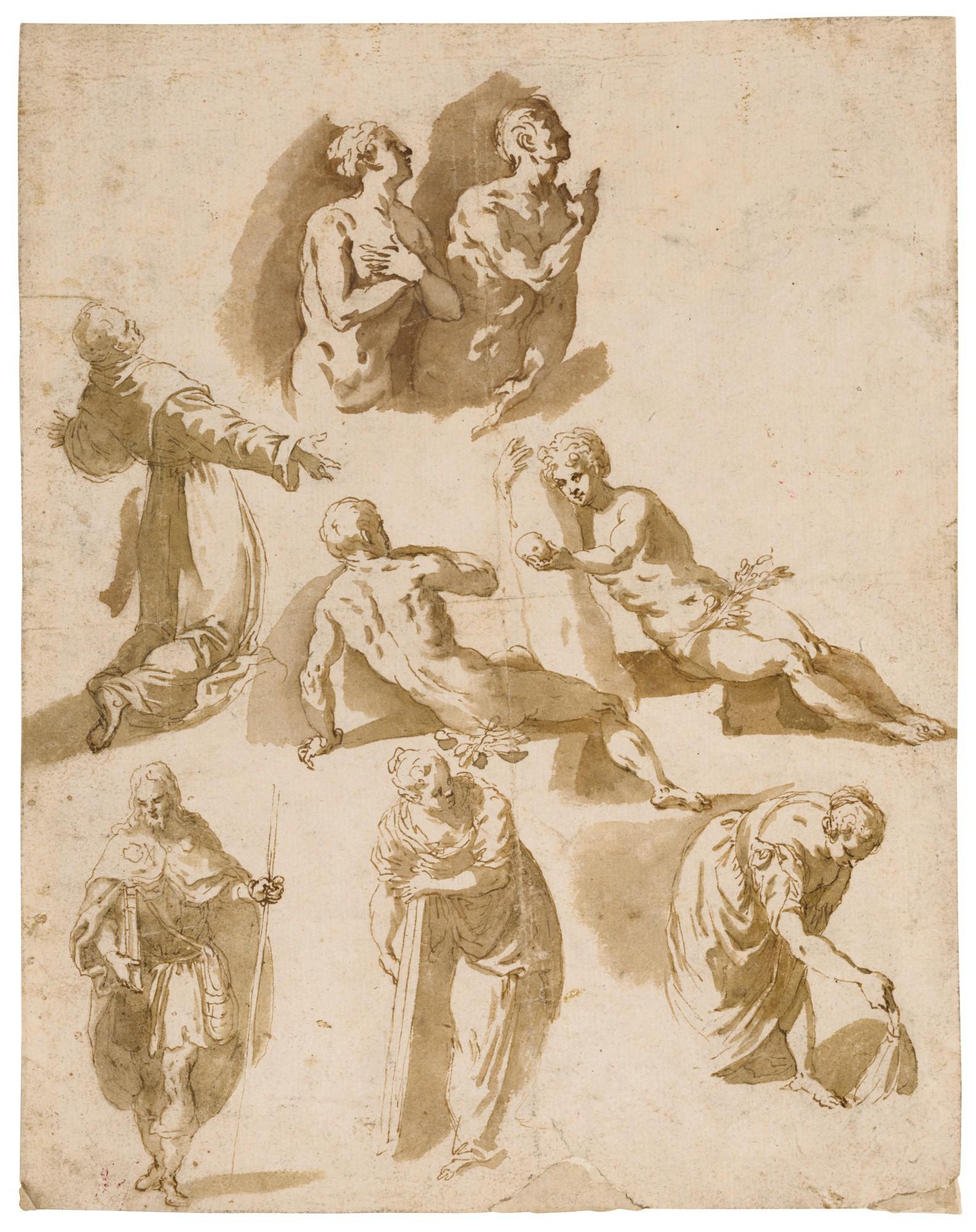 Jacopo Palma - A Sheet Of Studies After Tintoretto, Including The Temptation Of Adam And Eve