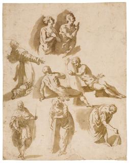 Jacopo Palma - A Sheet Of Studies After Tintoretto, Including The Temptation Of Adam And Eve