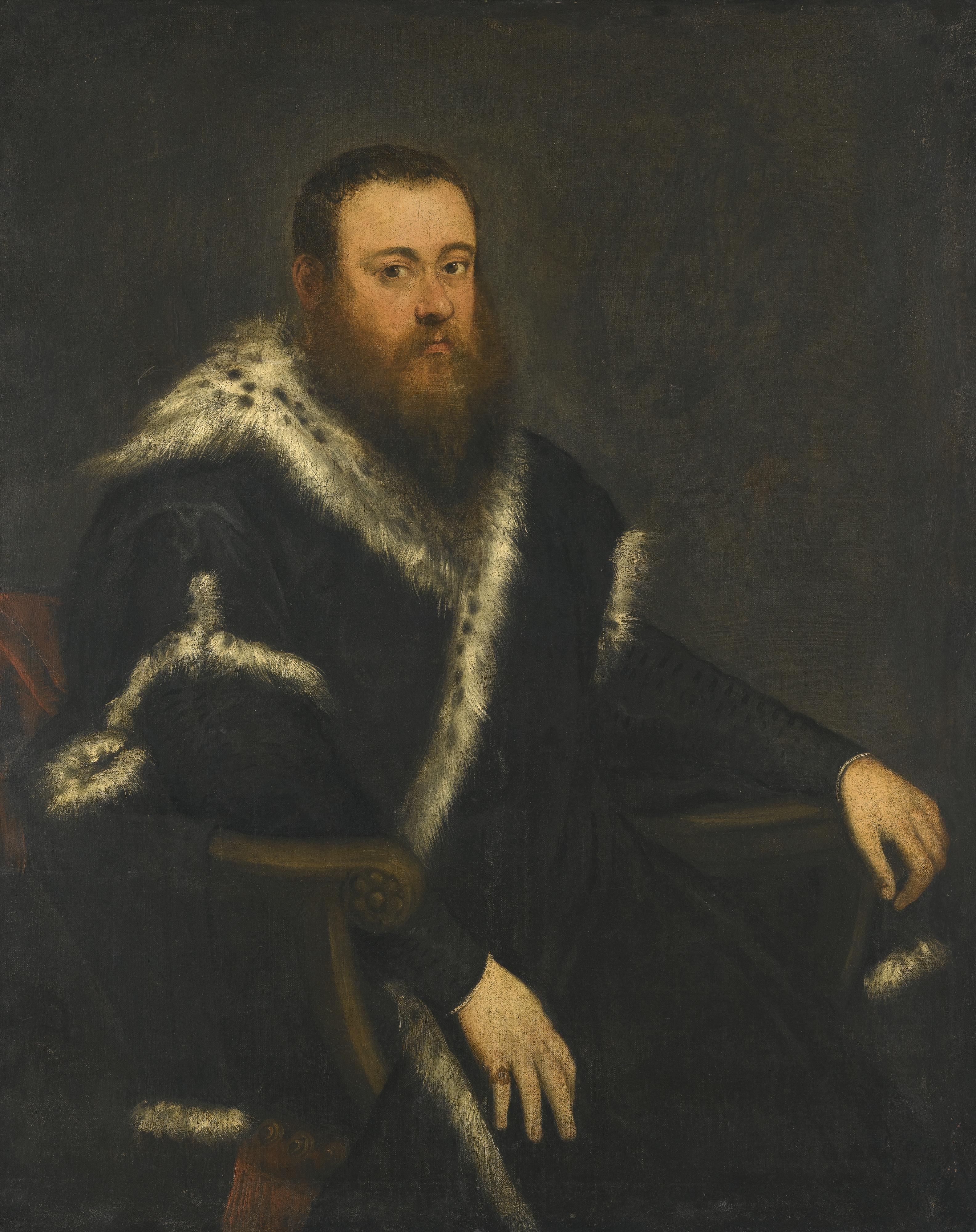 Jacopo Robusti - Portrait Of A Bearded Man In A Black Robe With Fur
