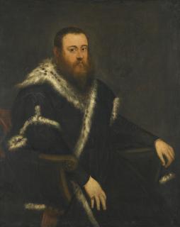 Jacopo Robusti - Portrait Of A Bearded Man In A Black Robe With Fur