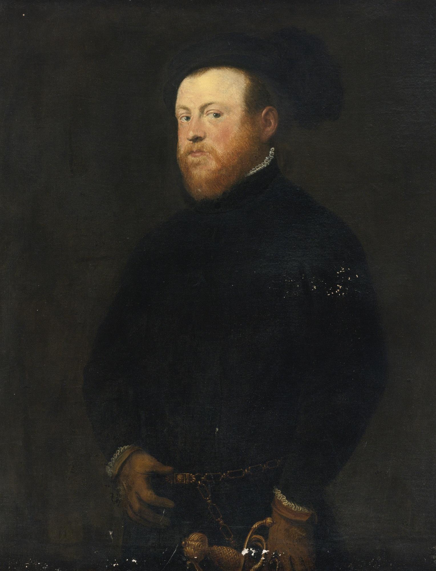 Jacopo Robusti - Portrait Of A Gentleman, Half Length, In A Black Doublet And Hat And Brown Gloves