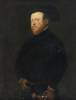 Jacopo Robusti - Portrait Of A Gentleman, Half Length, In A Black Doublet And Hat And Brown Gloves