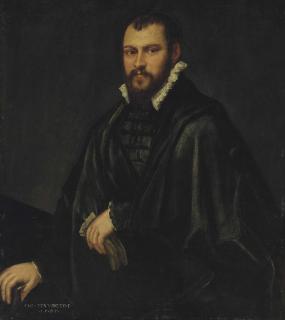 Jacopo Robusti - Portrait of a gentleman, three-quarter-length, in a black doublet and cape, holding a pair of gloves in his left hand, his right hand on a table