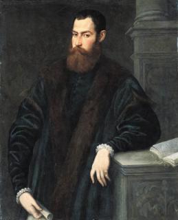 Jacopo Robusti - Portrait Of A Gentleman, Three-Quarter-Length, In A Fur-Trimmed Coat, Holding A Document And Leaning Against A Pedestal