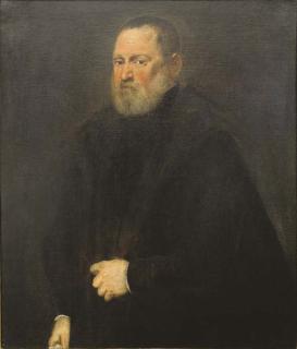Jacopo Robusti - Portrait of a man, half-length, in a black coat