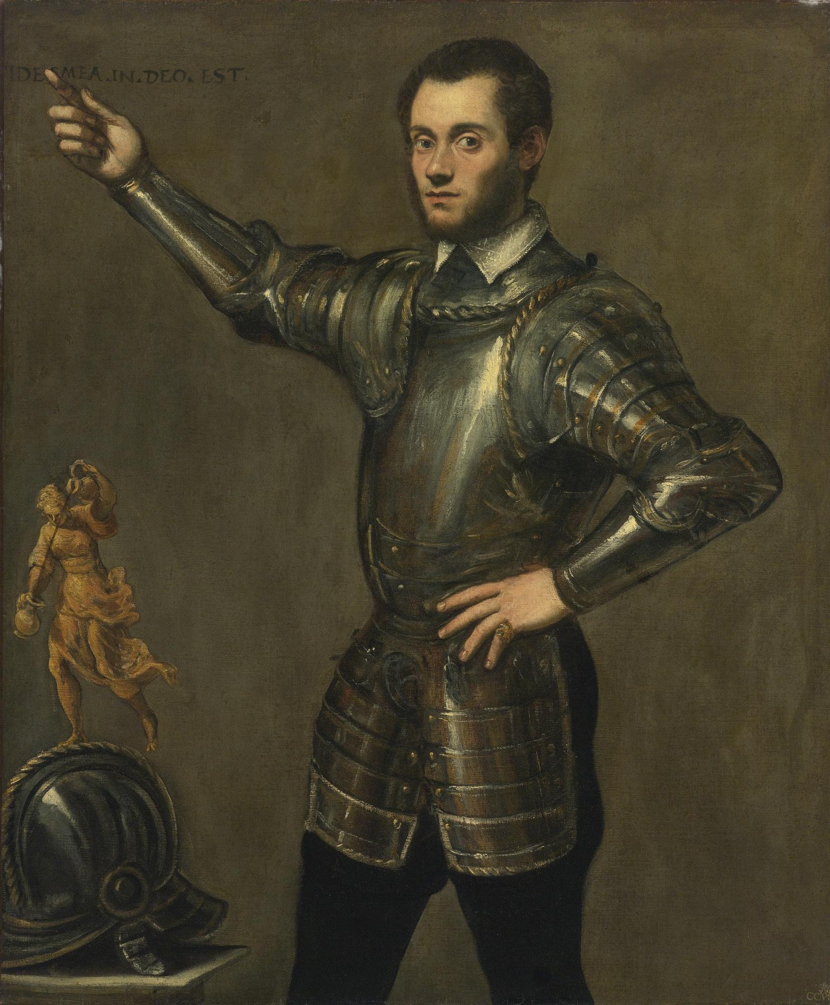 Jacopo Robusti - Portrait Of A Nobleman In Armour, Standing Three Quarter Length, Beside Him His Helmet