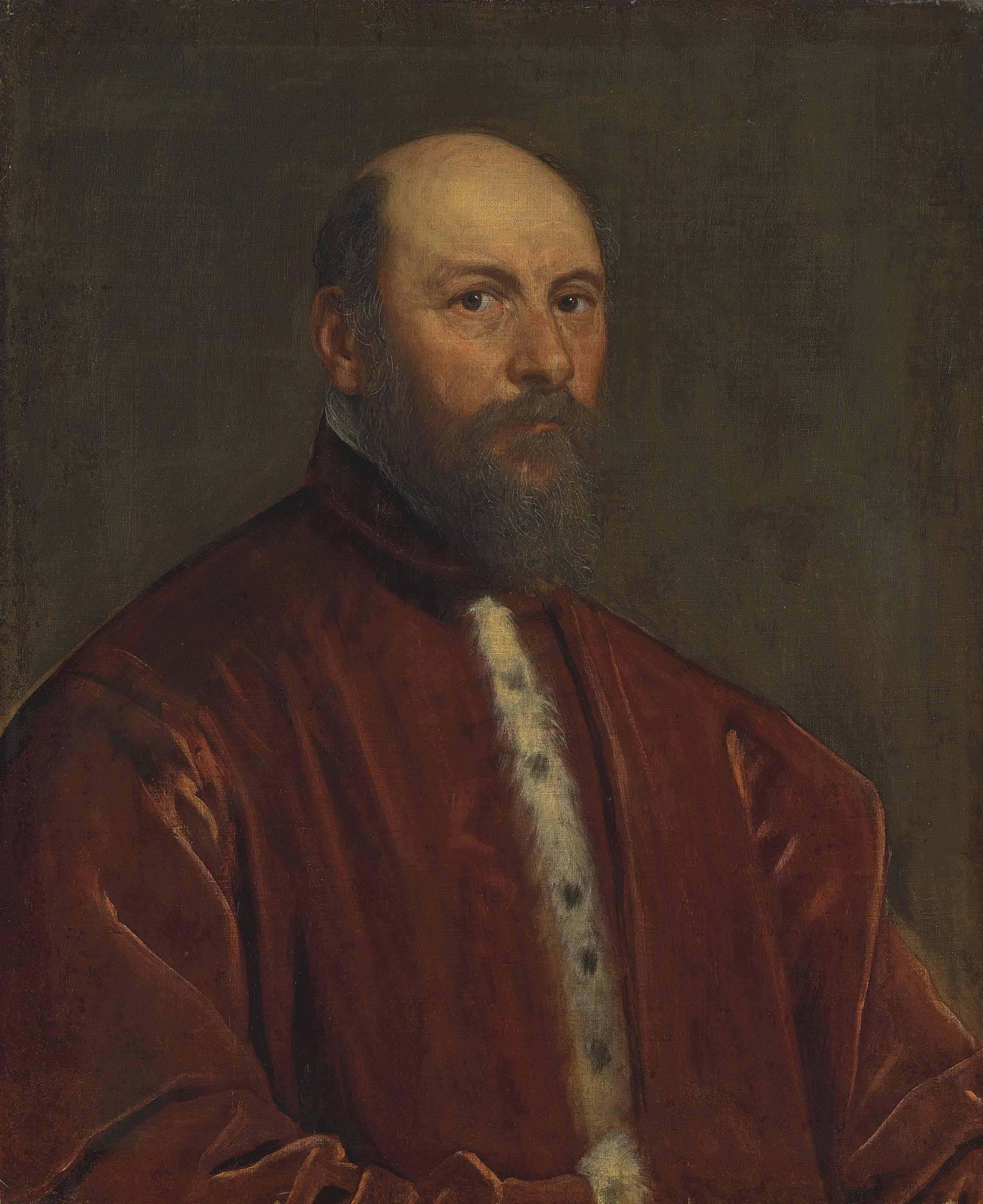 Jacopo Robusti - Portrait Of A Venetian Senator, Half-Length, In Red Ermine-Lined Robes