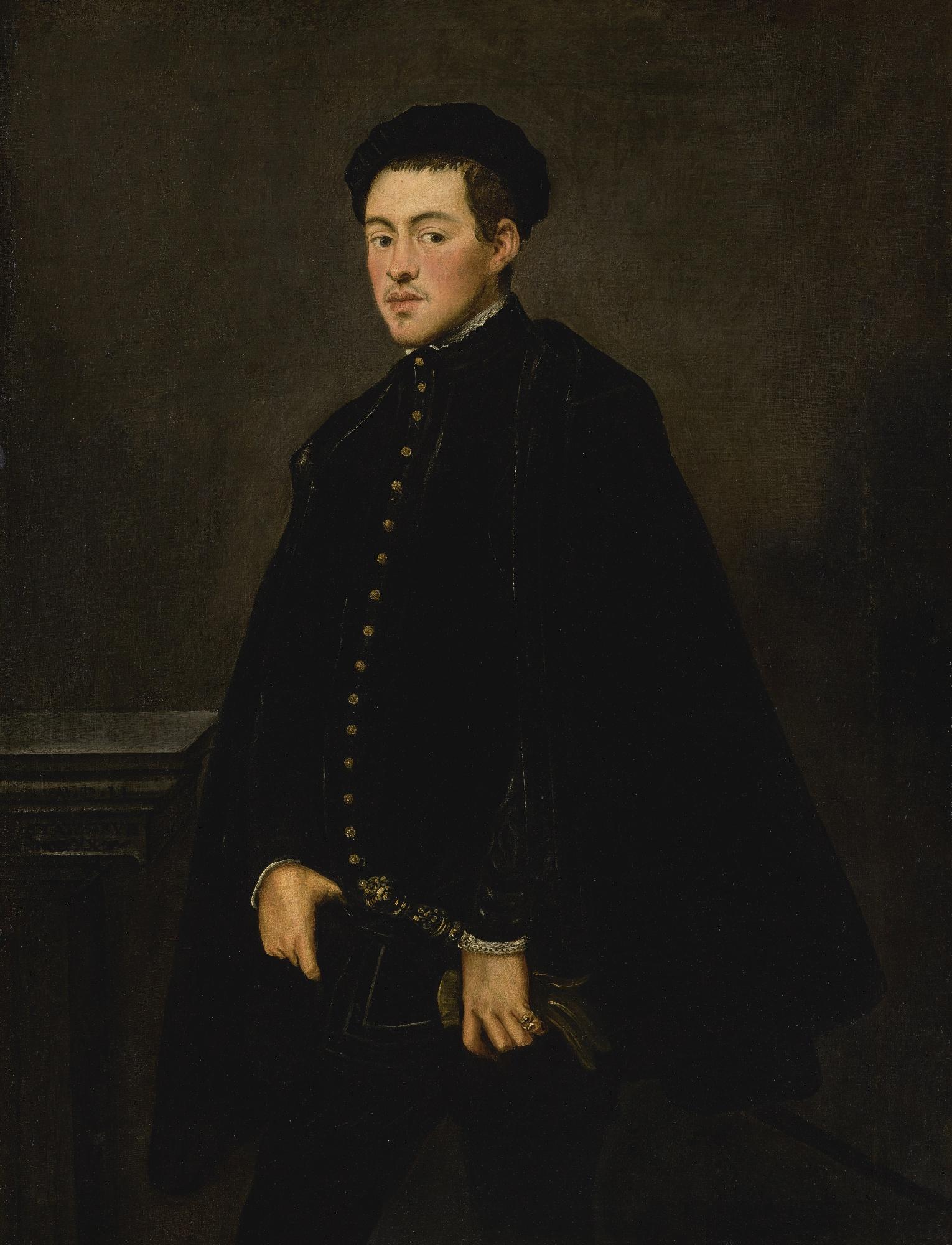 Jacopo Robusti - Portrait Of A Young Nobleman, Three Quarter Length, With A Black Velvet Cap, Doublet, And Cape, Resting His Hand On A Sword