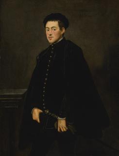 Jacopo Robusti - Portrait Of A Young Nobleman, Three Quarter Length, With A Black Velvet Cap, Doublet, And Cape, Resting His Hand On A Sword