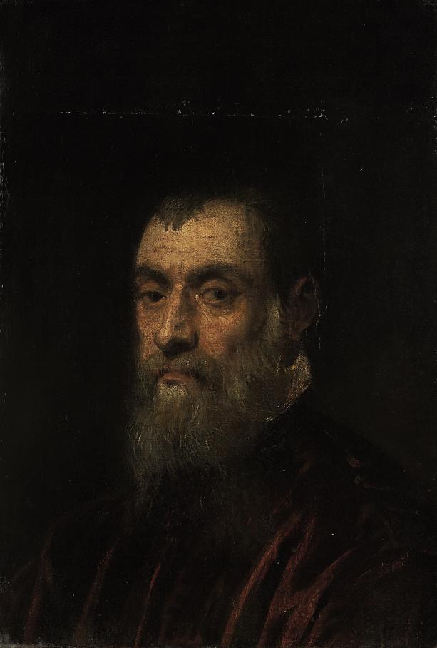 Jacopo Tintoretto - Portrait of a bearded man, bust-length, in a red gown