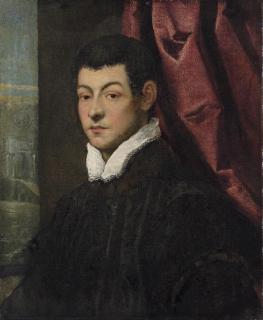 Jacopo Tintoretto - Portrait Of A Gentleman, Bust-Length, In A Black Coat With A White Collar, By A Red Curtain