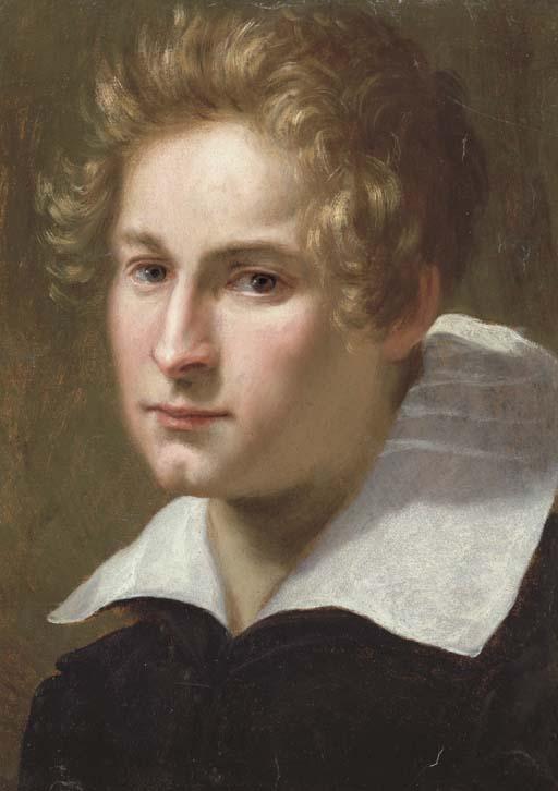 Jacopo Vignali - Portrait of a young man, bust-length, in a black coat and white collar