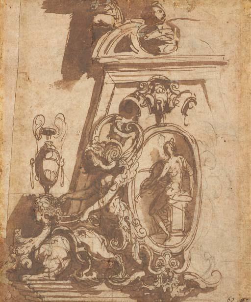 Jacopo Zanguidi - Une gorgone conduisant une chimère, un homme dans un médaillon jouant au violon sous un fronton ornementé