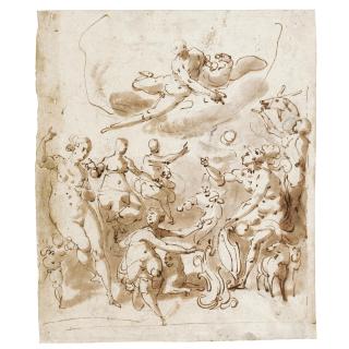 Jacopo Zucchi - An Allegorical Subject,  Possibly Commemorating A Marriage, With Jupiter Above And Various Figures Below, One Holding A Shield