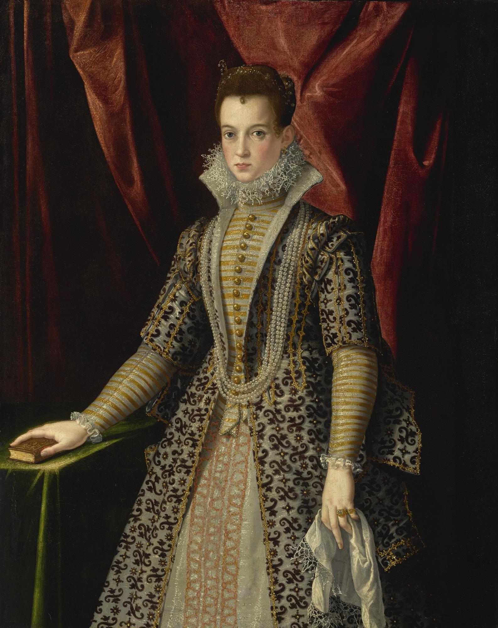 Jacopo Zucchi - Portrait Of A Young Lady In An Embroidered Dress And Pearls, Three-Quarter Length, Her Hand Resting On A Small Book On A Table