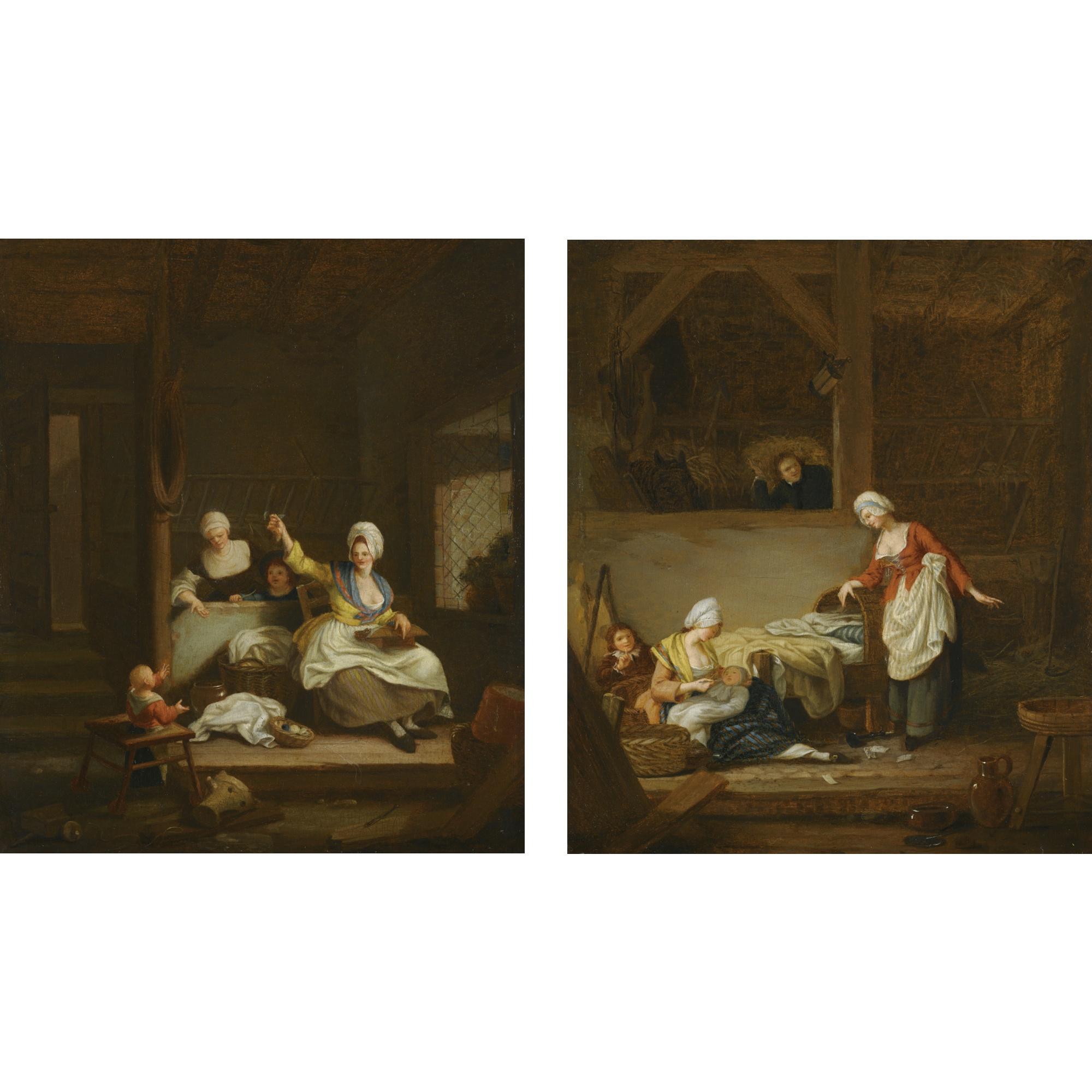 Jacques-Albert Senave - An Interior With A Mother Knitting, Watched By Her Children And A Maid; A Barn Interior With A Mother Feeding Her Baby