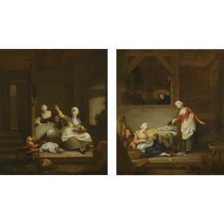 Jacques-Albert Senave - An Interior With A Mother Knitting, Watched By Her Children And A Maid; A Barn Interior With A Mother Feeding Her Baby