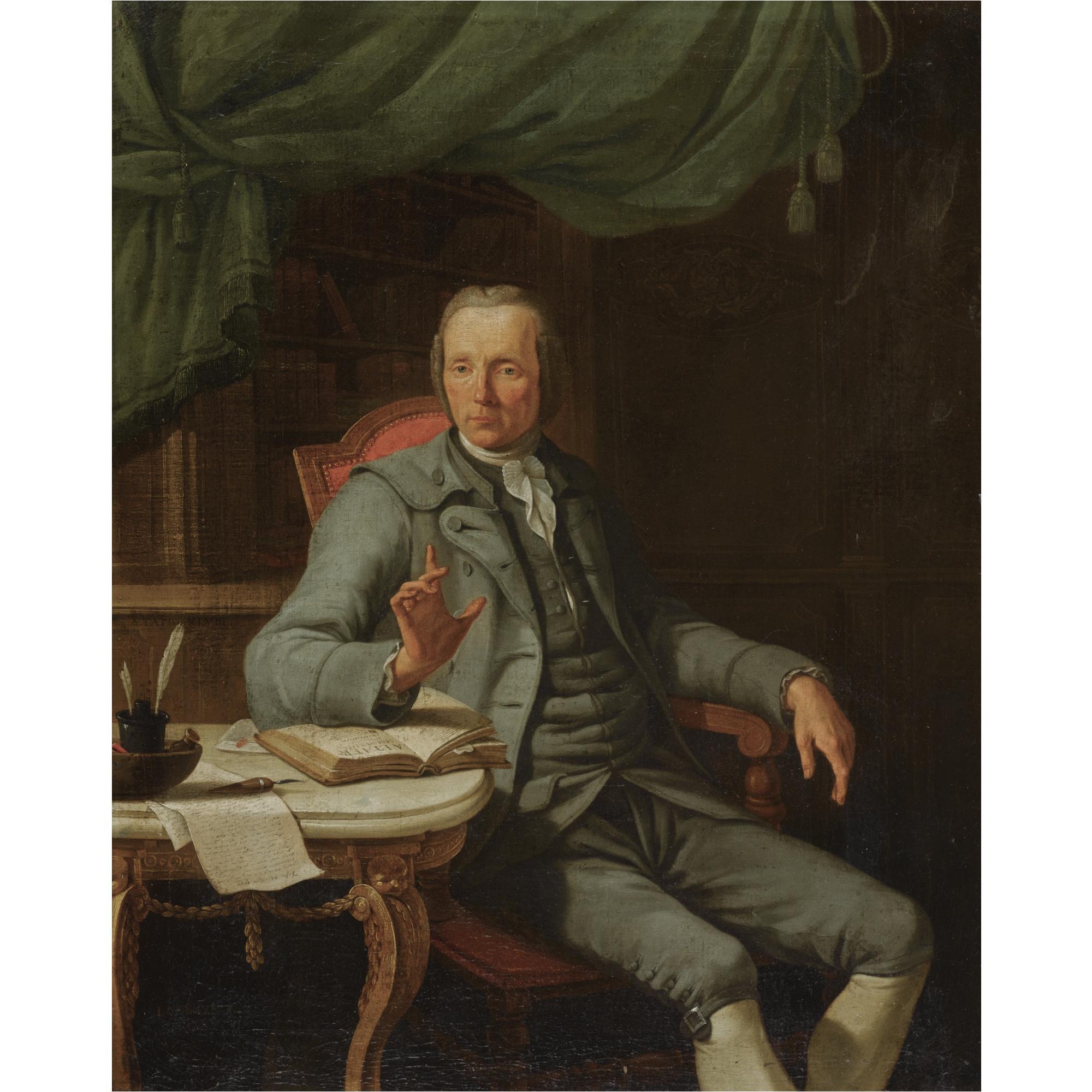 Jacques Albert Sénave - Portrait Of A Gentleman, Seated Three-Quarter Length, In His Study, Wearing A Grey Suit