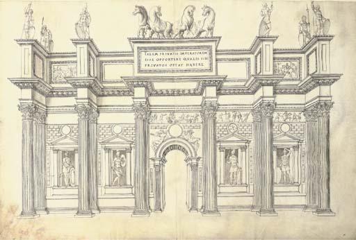 Jacques Androuet du Cerceau The Elder - A Monumental Gateway of Five Bays In The Corinthian Order, Decorated With Reliefs of Military Scenes And Statues of Warriors And Surmounted By Statuary Reminiscent of The Horses of San Marco