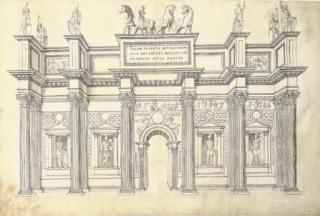 Jacques Androuet du Cerceau The Elder - A Monumental Gateway of Five Bays In The Corinthian Order, Decorated With Reliefs of Military Scenes And Statues of Warriors And Surmounted By Statuary Reminiscent of The Horses of San Marco