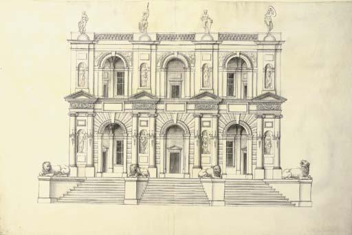 Jacques Androuet du Cerceau The Elder - A Portico of Two Stories In The Ionic Order Above A Flight of Steps, The Bays Divided By Niches Containing Female Figures, The Whole Surmounted By Nude Warriors