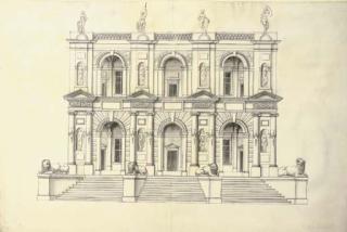 Jacques Androuet du Cerceau The Elder - A Portico of Two Stories In The Ionic Order Above A Flight of Steps, The Bays Divided By Niches Containing Female Figures, The Whole Surmounted By Nude Warriors
