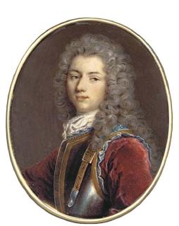Jacques Antoine Arlaud - A Young Gentleman Called Fouché de Sacy, In Gold-Bordered Breast Plate With Blue Lining And Strap, Red Velvet Coat, Lace Cravat, Long Powdered Curling Hair