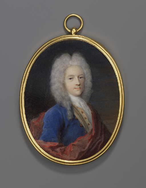 Jacques-Antoine Arlaud - A Young Gentleman, In Blue Coat With Gold Buttons, Yellow Waistcoat With Gold Buttons, Red Cloak Draped Across His Body And Shoulders, Wearing A Centre-Parted High Powdered Wig; Sky Background