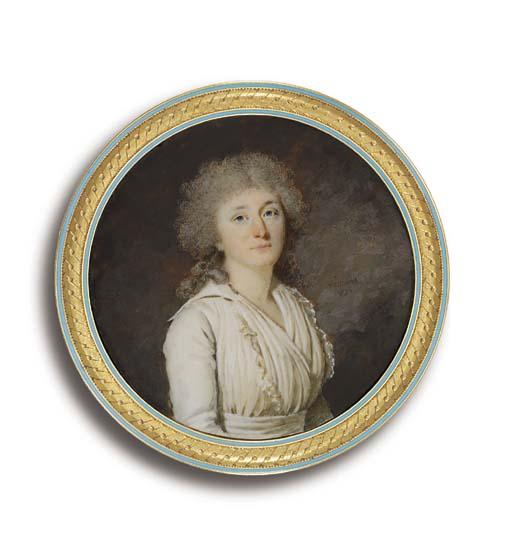 Jacques-Antoine-Marie Lemoine - A Young Lady, In White Dress With Lace-Bordered Fichu Tucked Into White Sash, Long Powdered Curling Hair