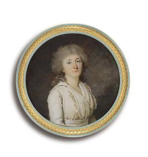 Jacques-Antoine-Marie Lemoine - A Young Lady, In White Dress With Lace-Bordered Fichu Tucked Into White Sash, Long Powdered Curling Hair