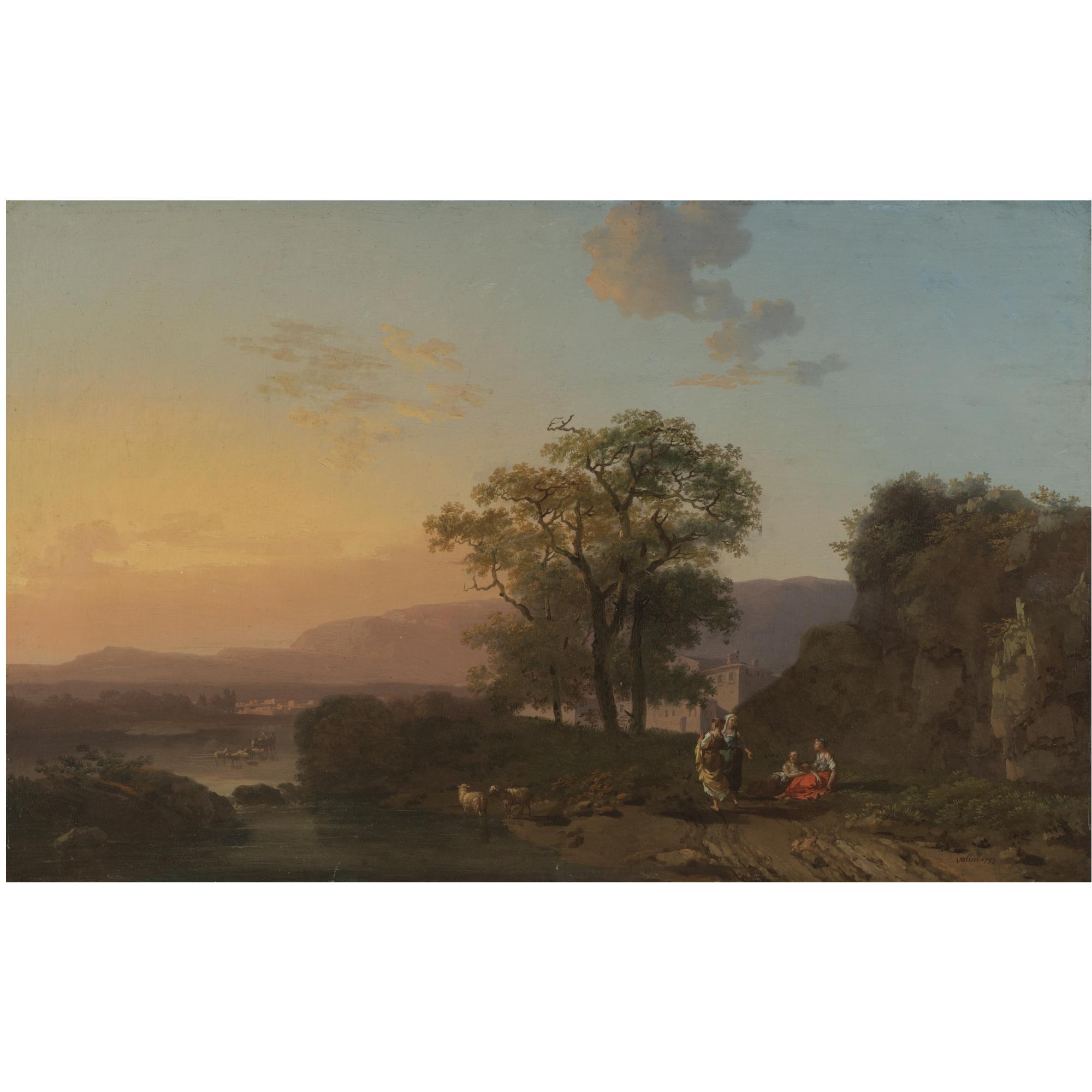 Jacques Antoine Vallin - An Italianate River Landscape At Sunset With Shepherdesses Resting In The Foreground