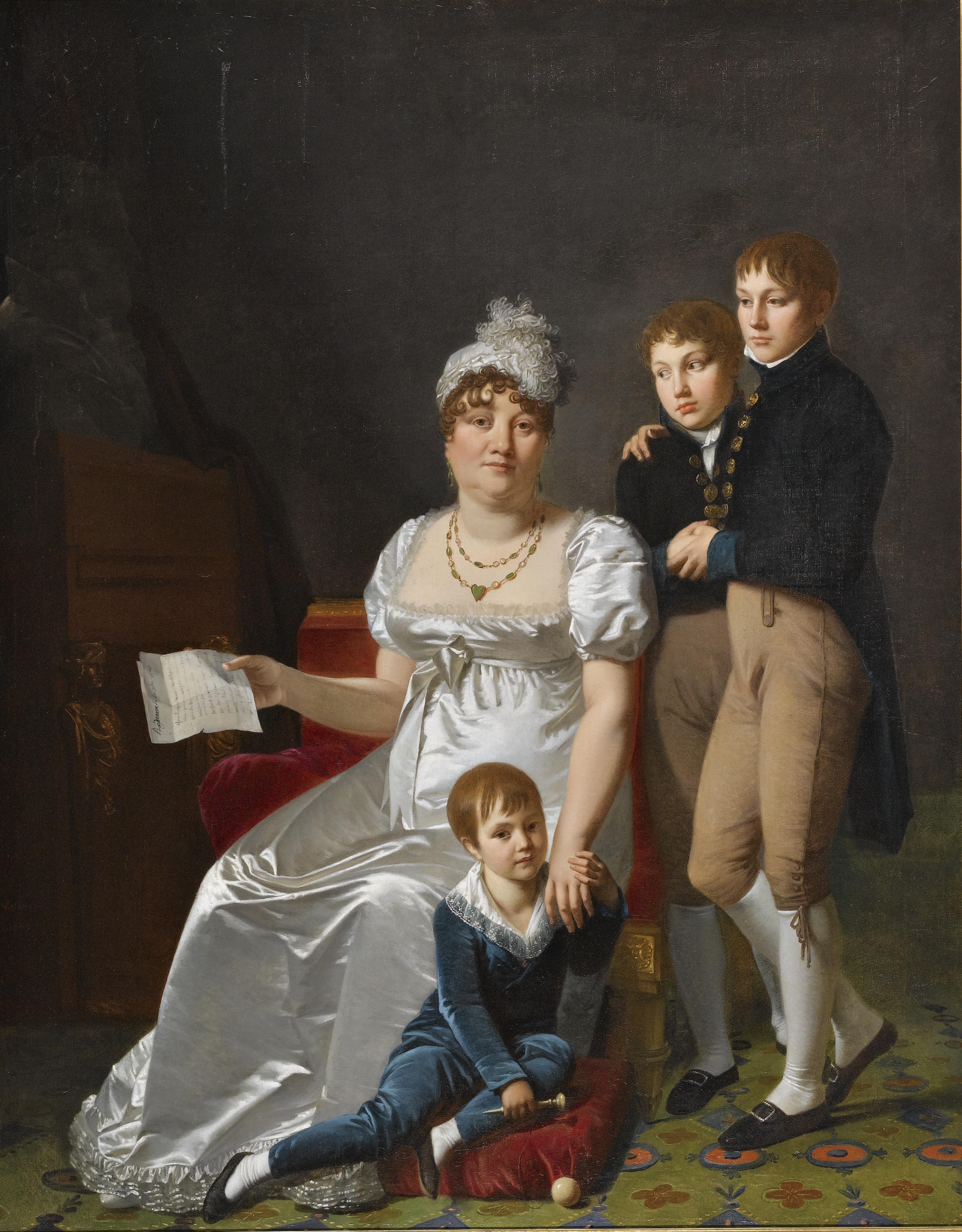 Jacques Antoine Vallin - Portrait Of Madame B., Née Etiennette Delagrange, Full Length, Seated, Wearing A White Dress And Hat, Holding A Letter, With Her Three Sons