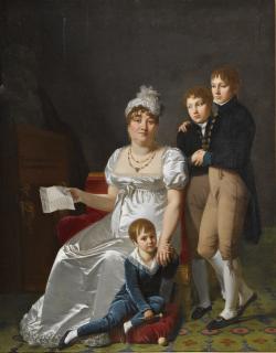 Jacques Antoine Vallin - Portrait Of Madame B., Née Etiennette Delagrange, Full Length, Seated, Wearing A White Dress And Hat, Holding A Letter, With Her Three Sons