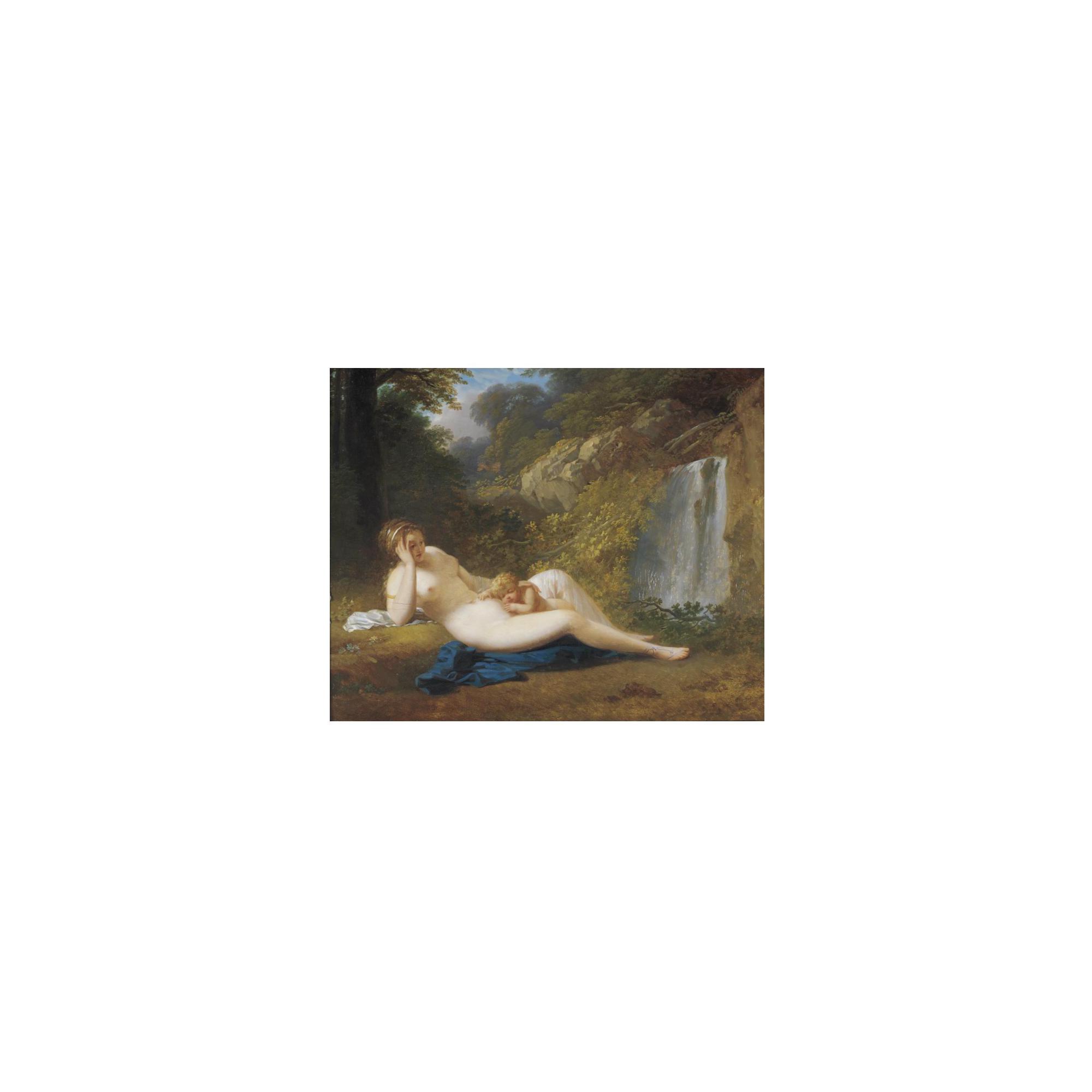 Jacques Antoine Vallin - Reclining Nymph With A Sleeping Child In A Wood, A Waterfall Behind