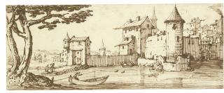 Jacques Callot - A View Of A Fortified City By A River, A Man Fishing From A Boat In The Foreground